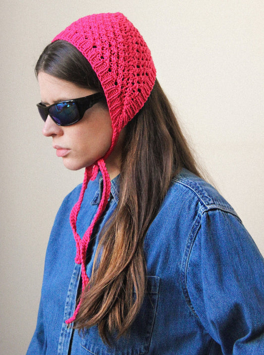 Hand - knitted Mesh Bonnet Headband in Pink