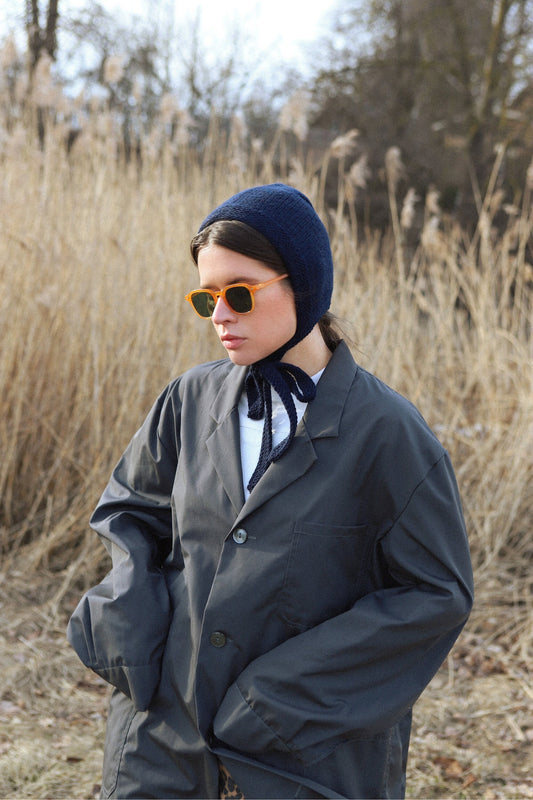 Hand-knitted Adult Bow Tie Bonnet hat in Navy