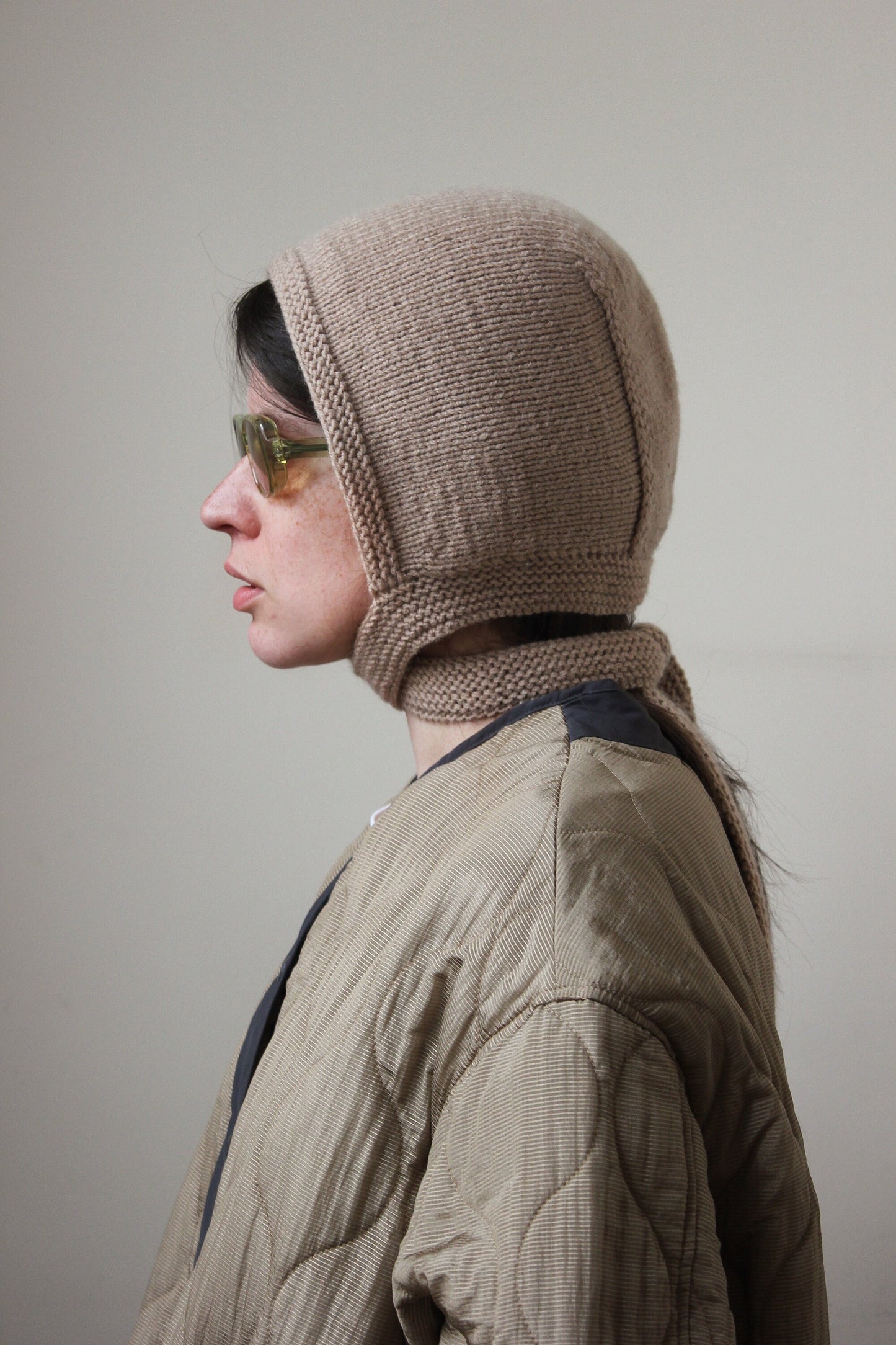 Hand-knitted Adult Bow Long Tie Bonnet hat in Beige