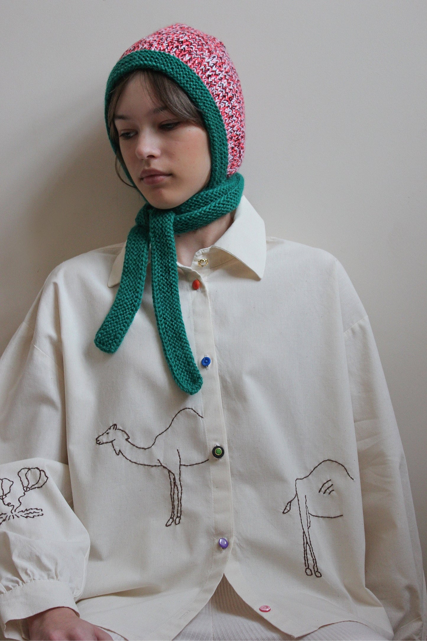 Hand - Knitted Melange Chunky Bow Tie Bonnet Hat in Pink and Emerald Green