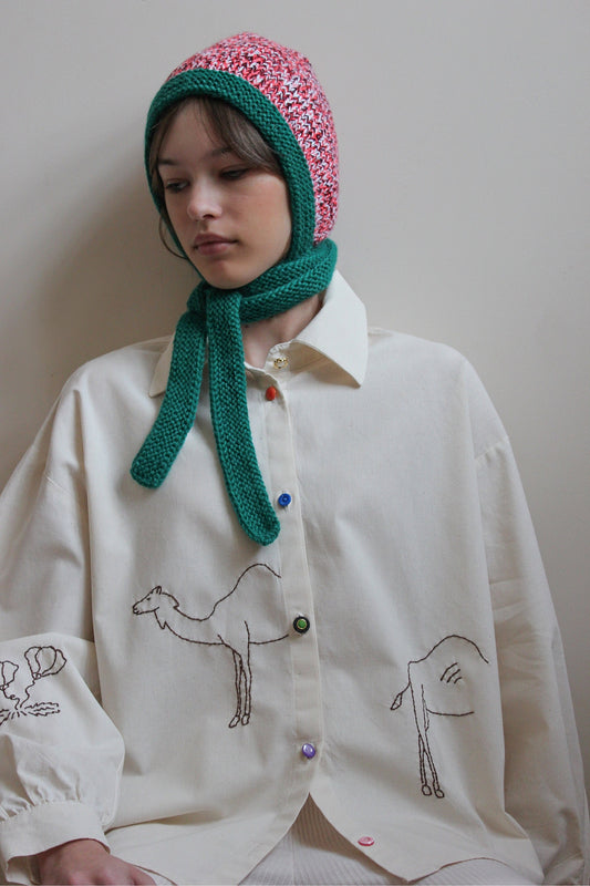 Hand - Knitted Melange Chunky Bow Tie Bonnet Hat in Pink and Emerald Green