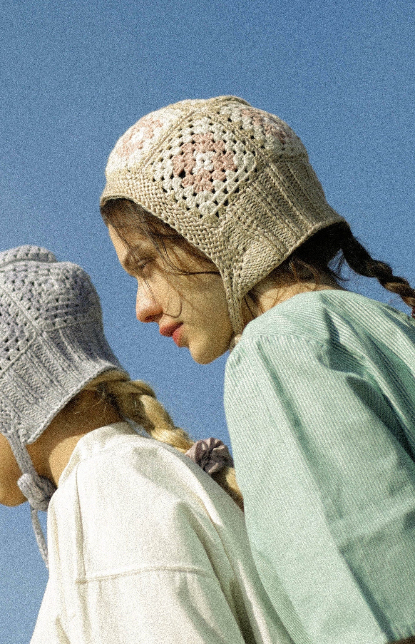 Patchwork Granny Square Adult Crochet Bow Tie Bonnet in Beige