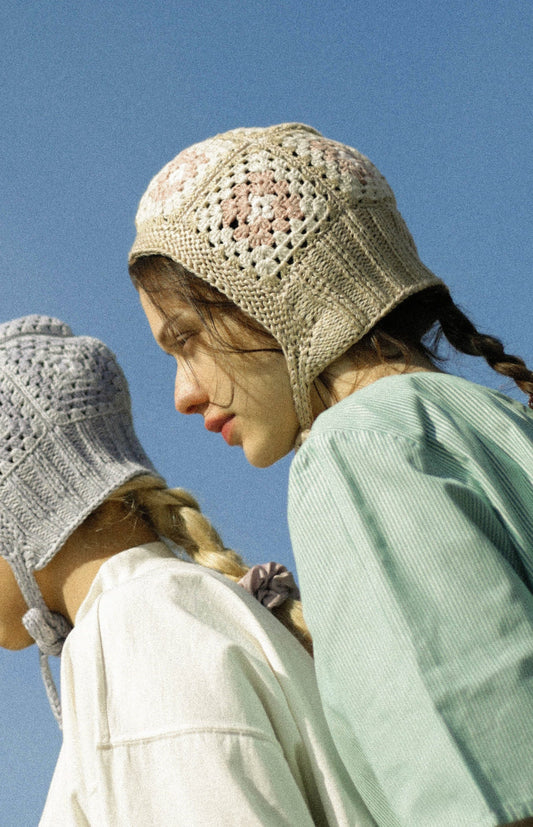 Patchwork Granny Square Adult Crochet Bow Tie Bonnet in Beige