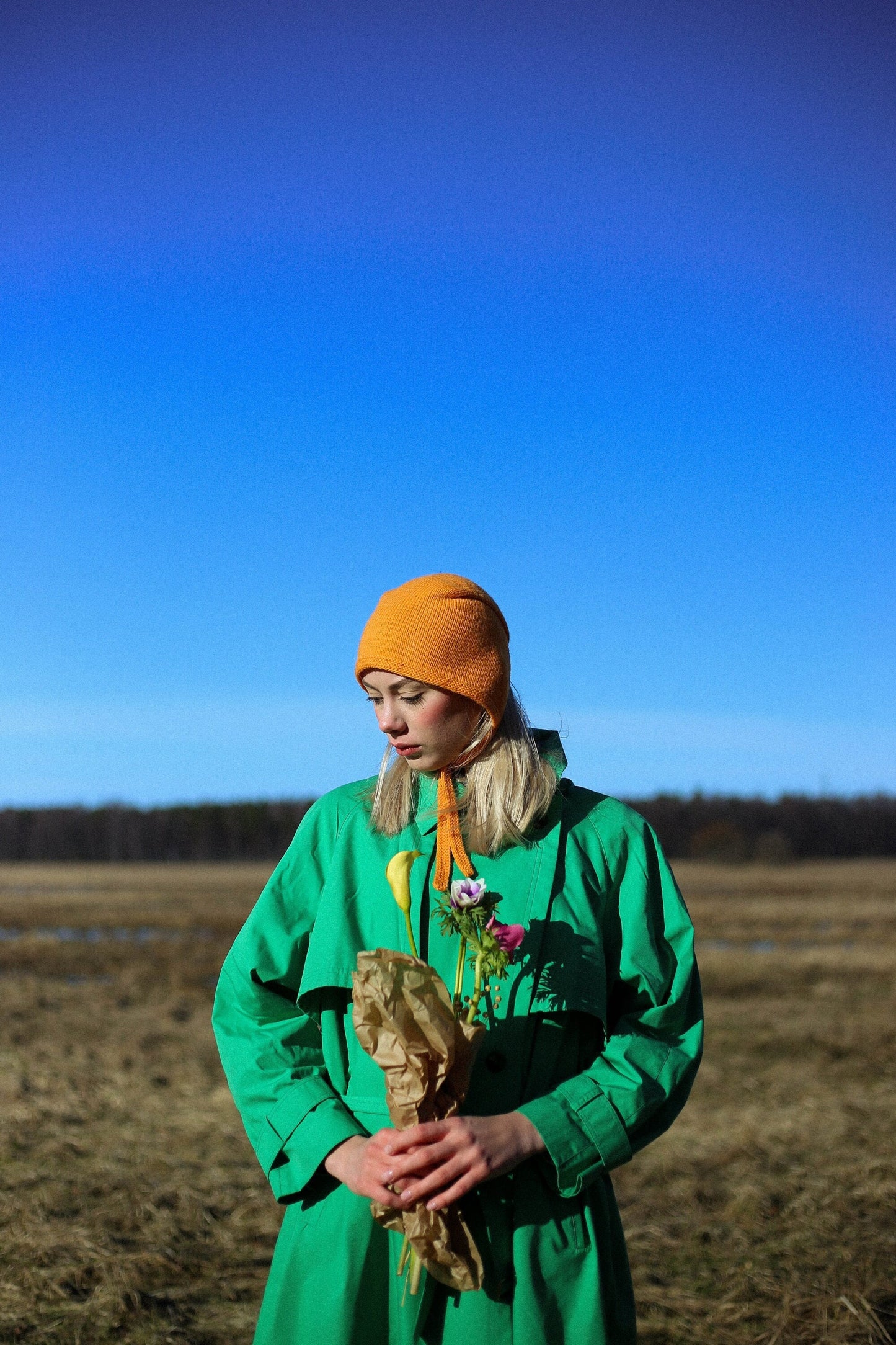 Hand-knitted Adult Bow Tie Bonnet hat in mandarin orange