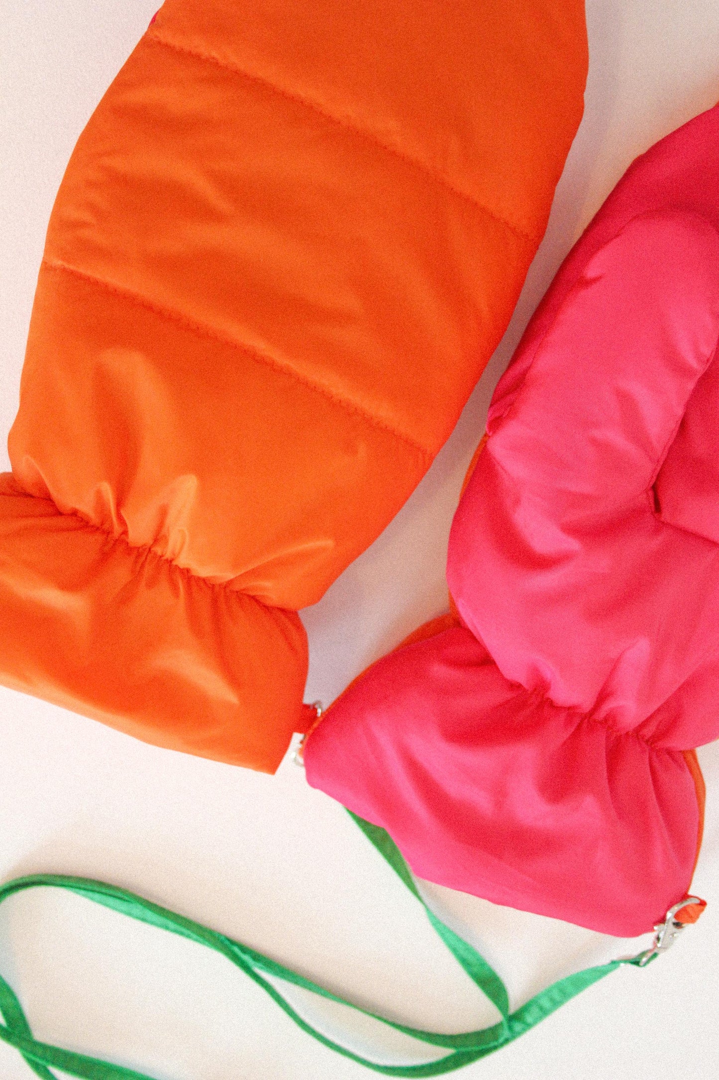 Bicolor Pillow Puffer Mittens on Strings in Orange & Hot Pink