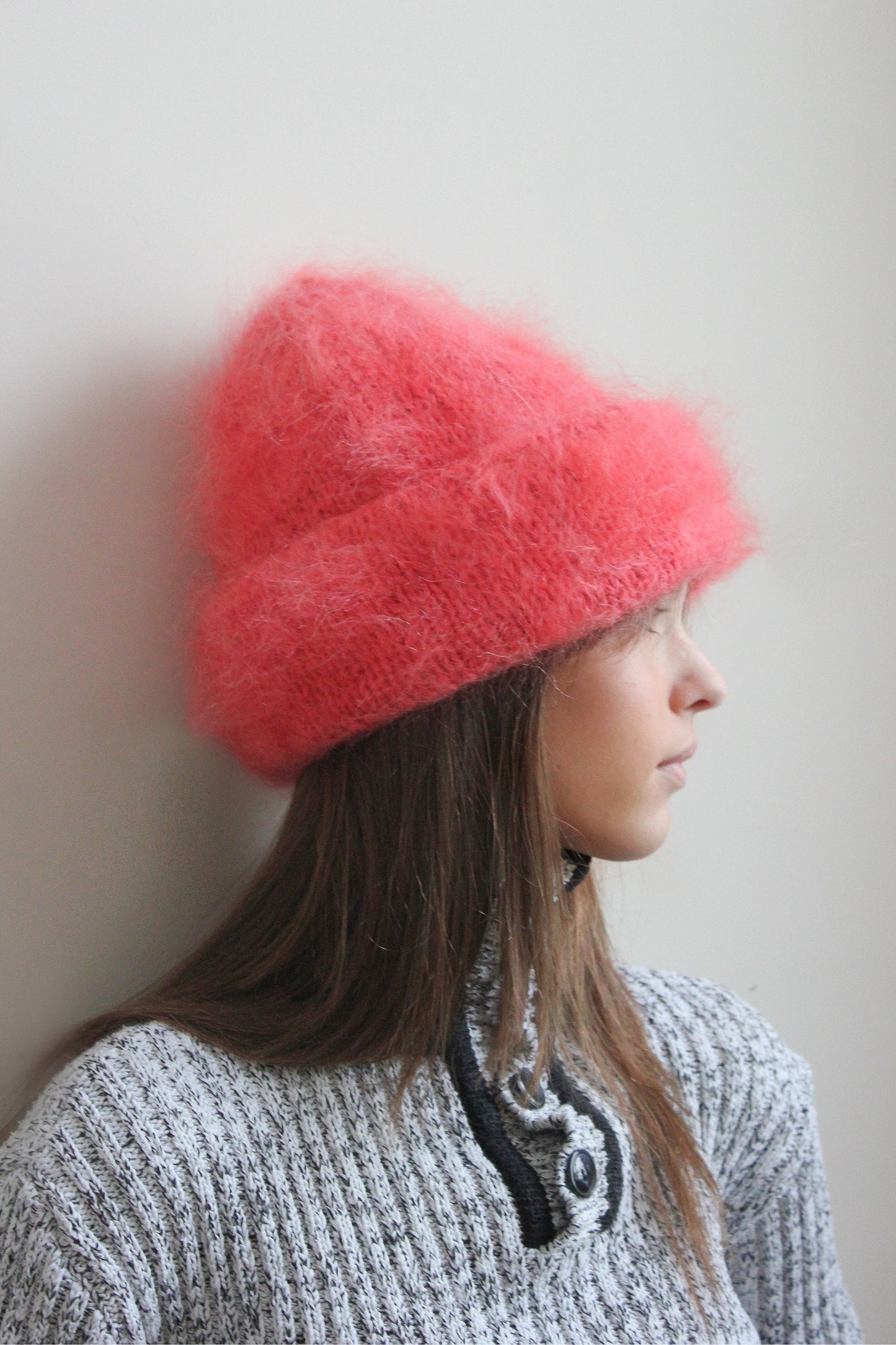 Premium Mohair Beanie Hat in Сoral Pink