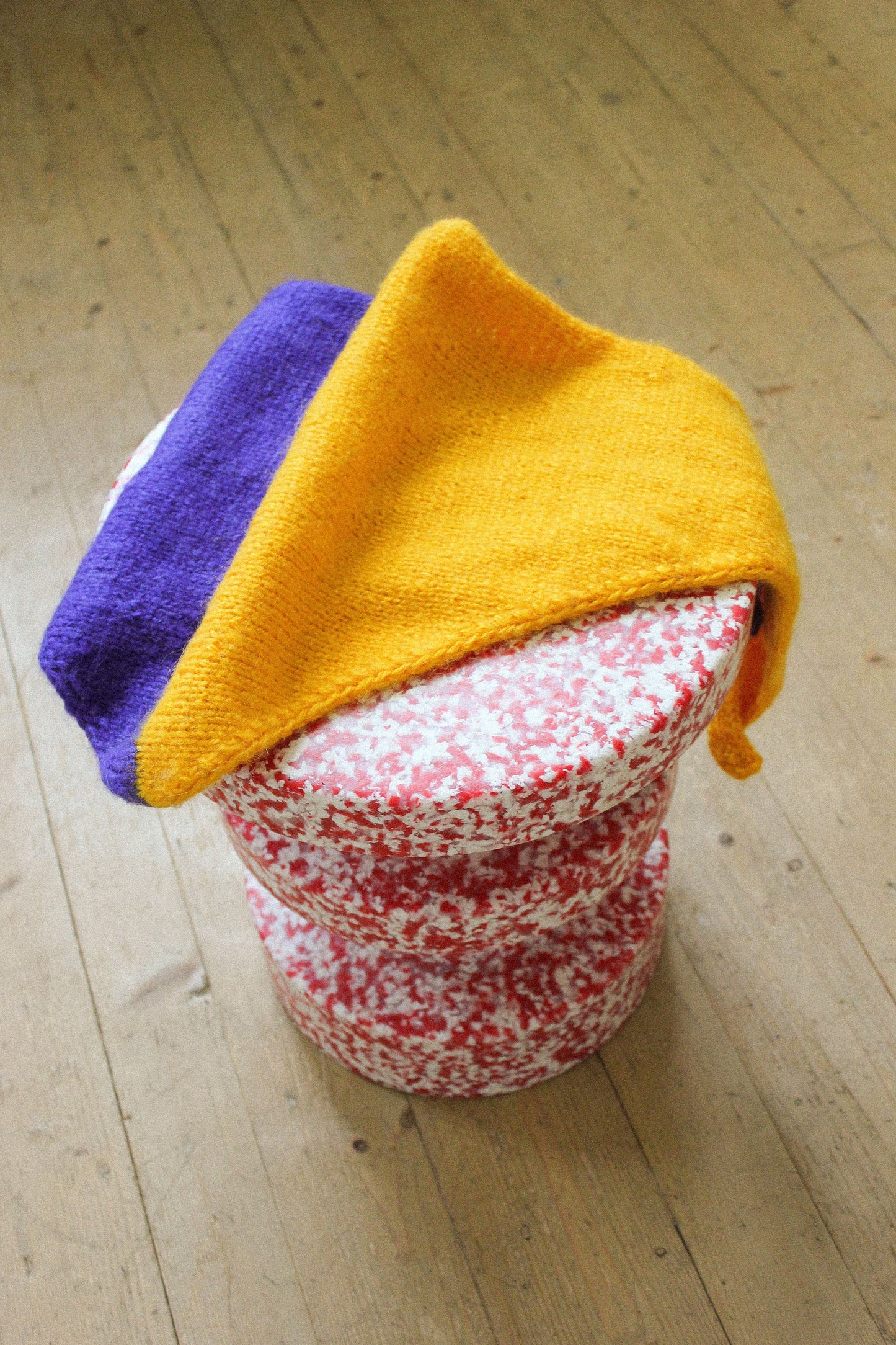 Hand - knitted Bicolour Mohair Headscarf in Rich Yellow & Purple