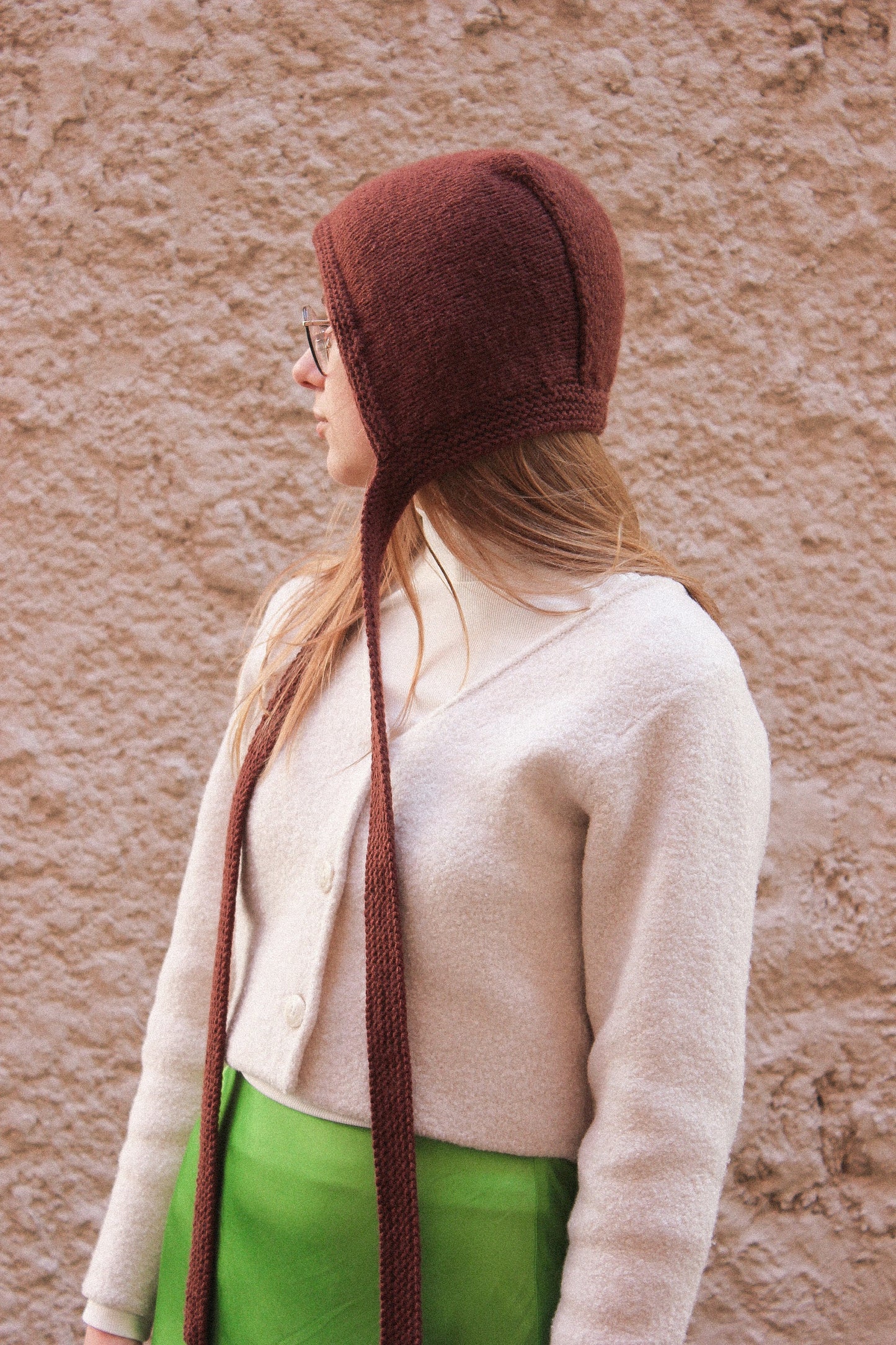 Hand-knitted Adult Bow Tie Bonnet hat with long ties in brown