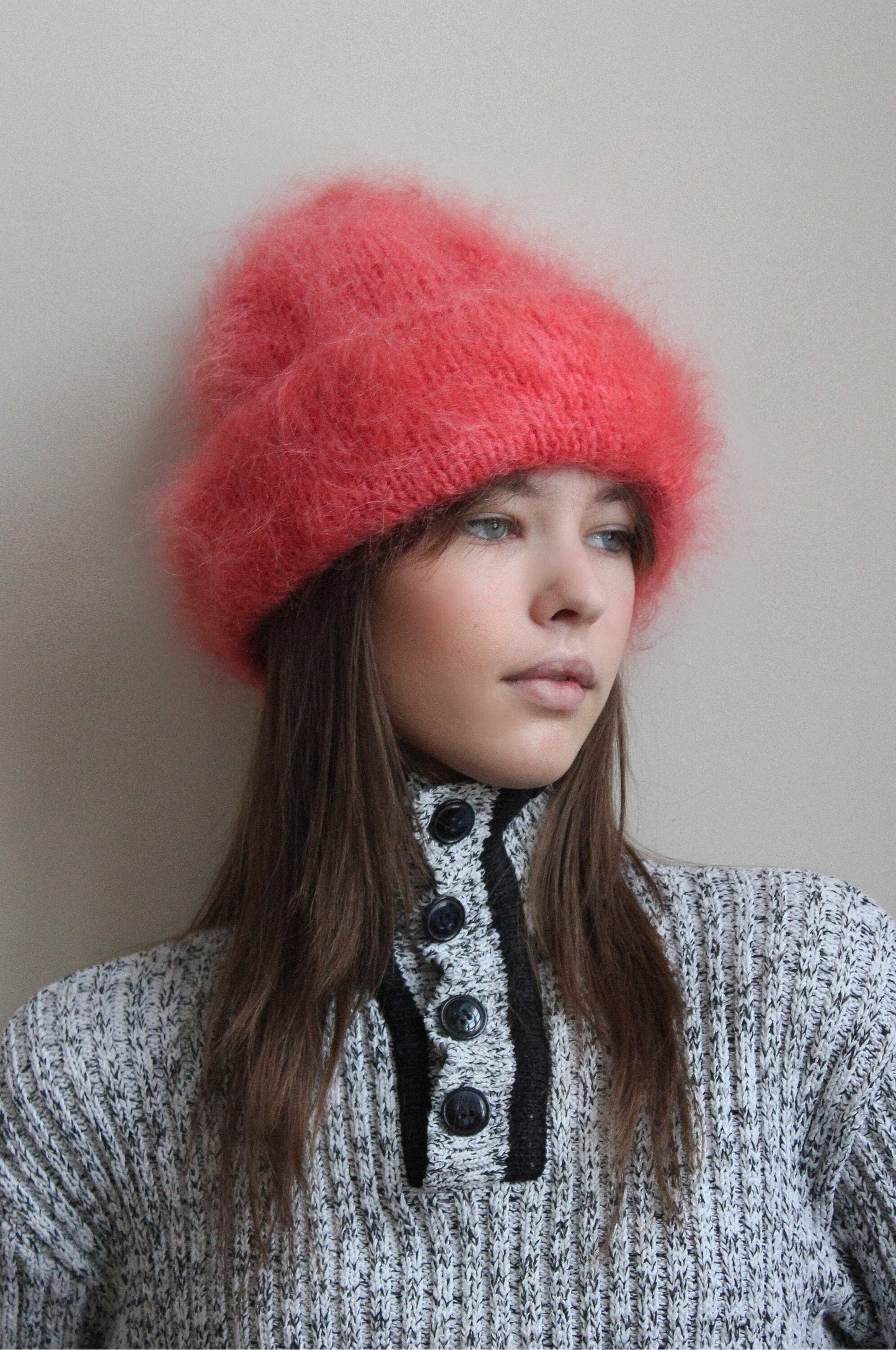 Premium Mohair Beanie Hat in Сoral Pink