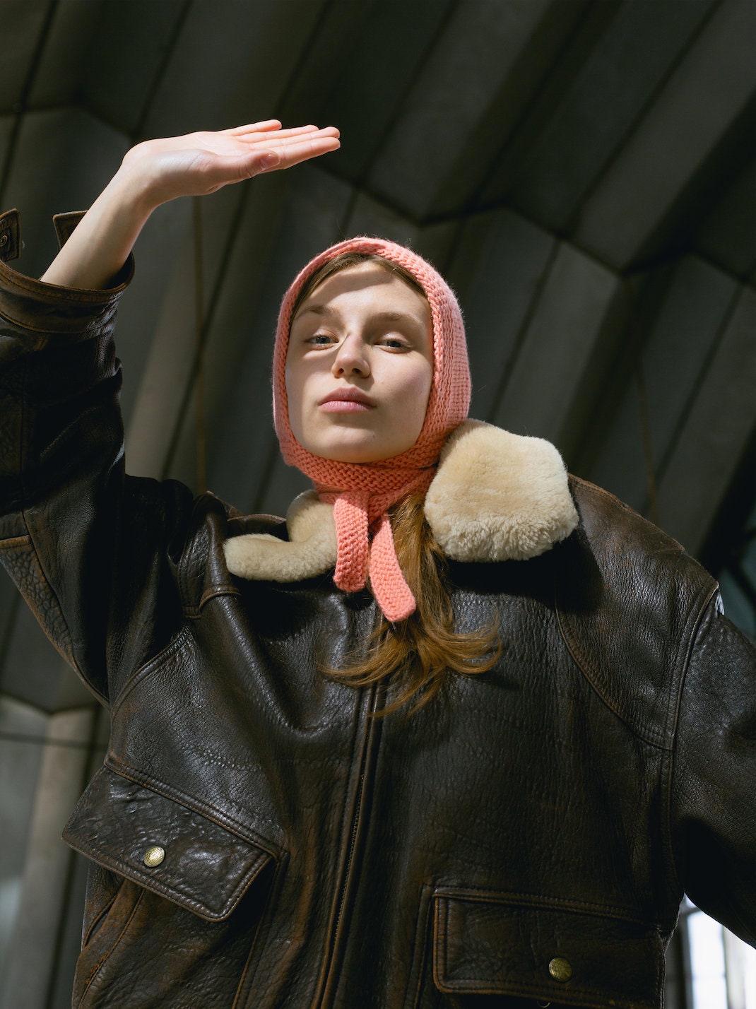 Hand-knitted Adult Bow Tie Bonnet hat in Peach Fuzz