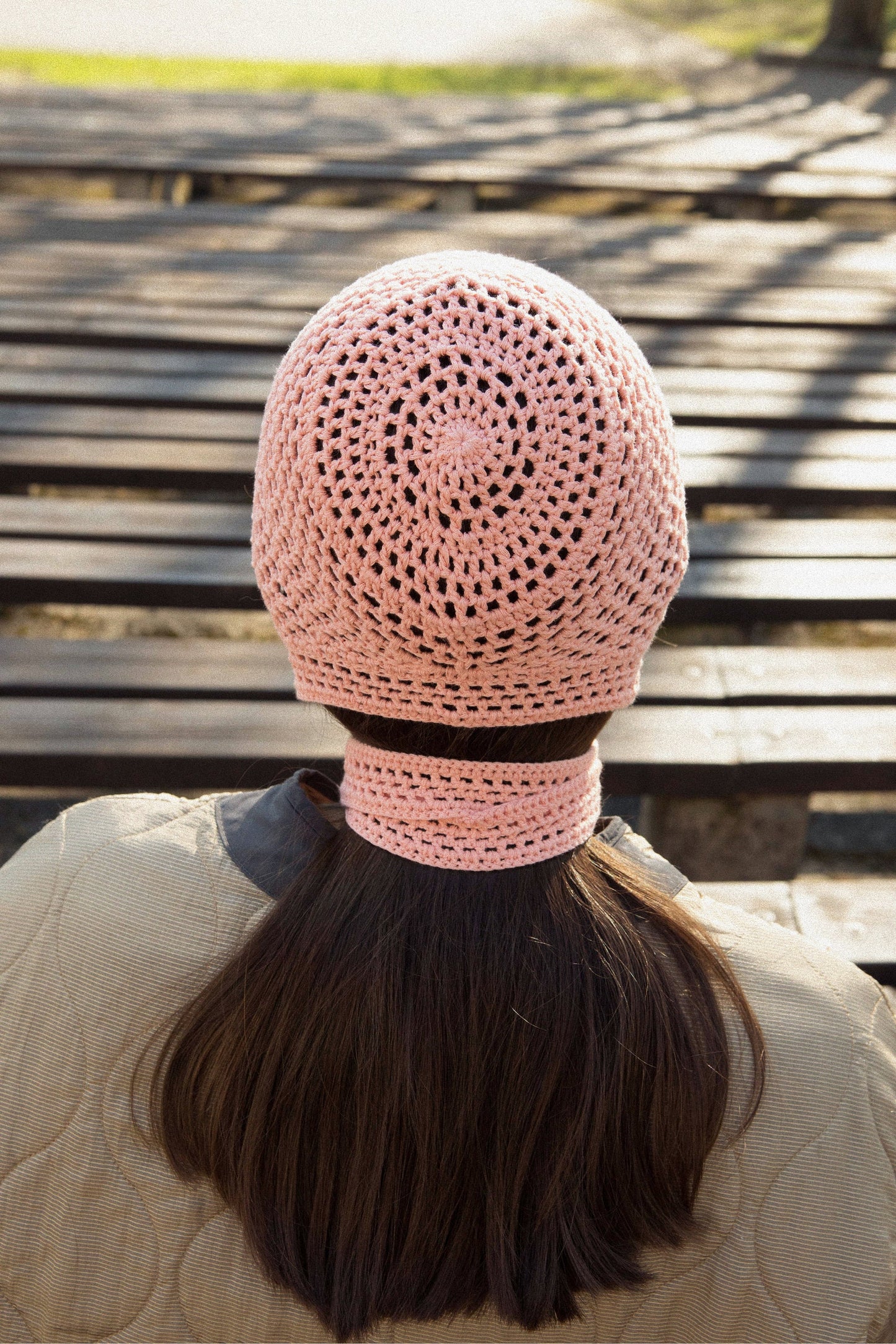 Adult Cotton Mesh Crochet Bow Tie Bonnet in Peach Fuzz
