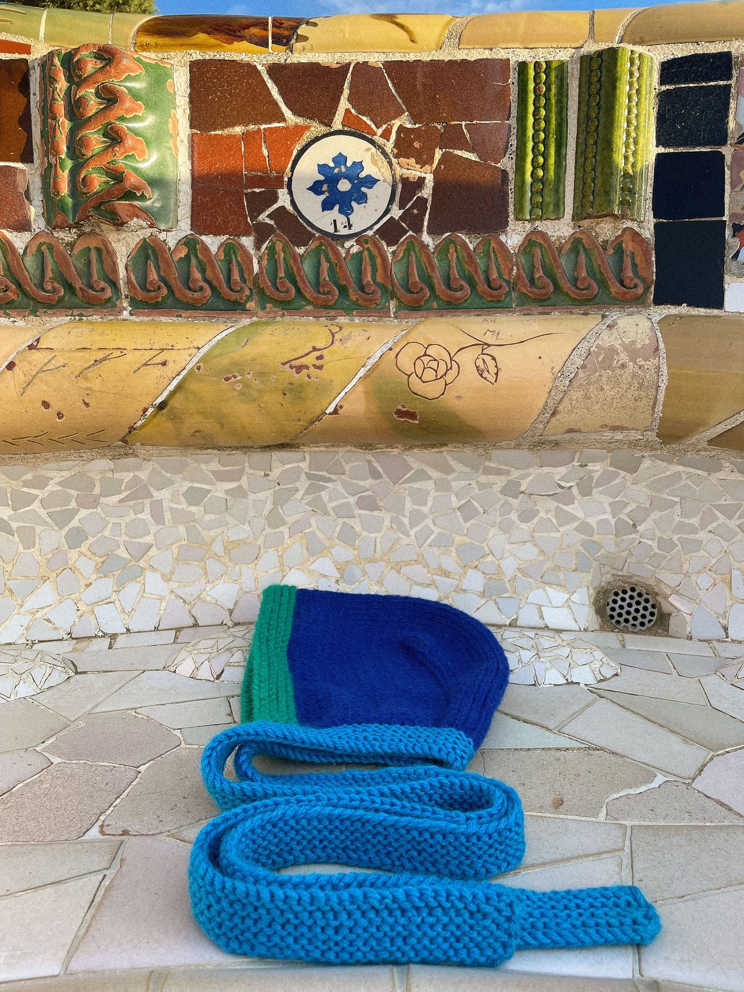 Hand - Knitted Multi Blue Chunky Bow Tie Bonnet Hat