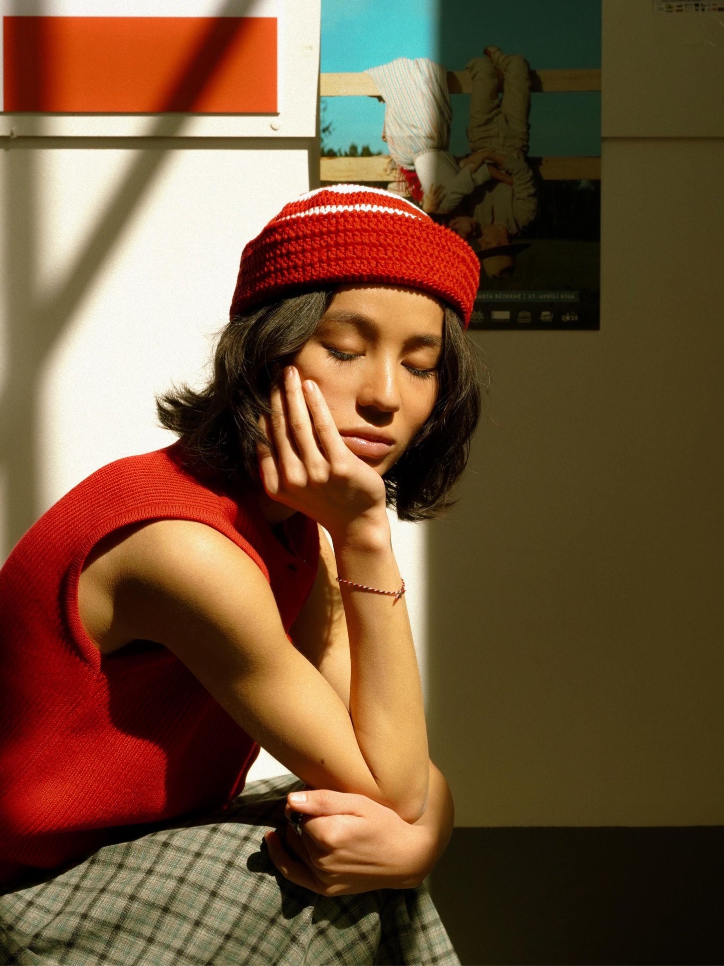 Crochet Premium Cotton Striped Marin Hat in Red & White