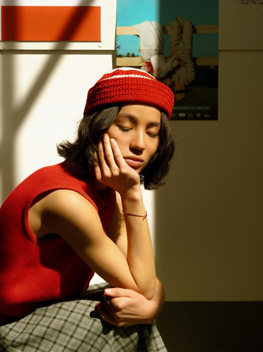 Crochet Premium Cotton Striped Marin Hat in Red & White