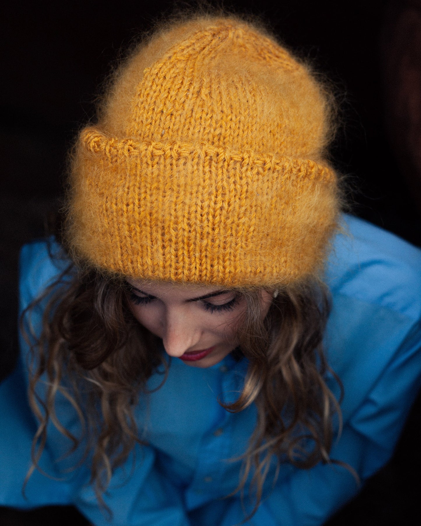 Hand - Knitted Mohair Beanie Hat in Mustard yellow