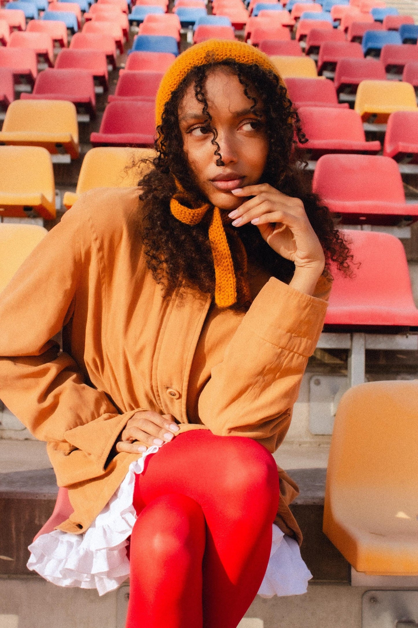 Hand - knitted Adult Bow Tie Mohair Bonnet in Mustard Yellow