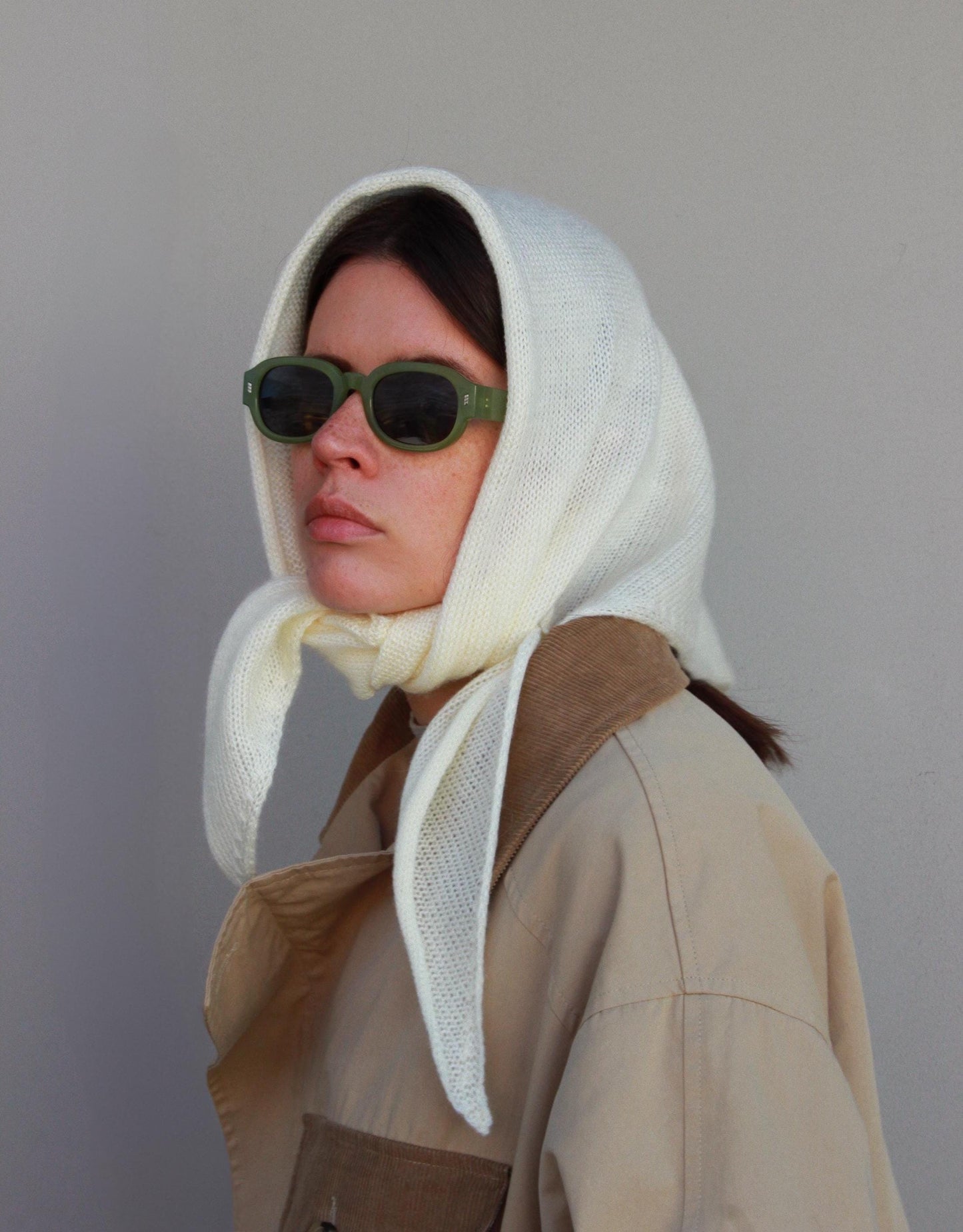 Hand - knitted Mohair Headscarf in Buttermilk Yellow