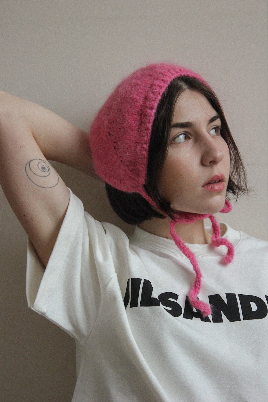 Hand - knitted Adult Bow Tie Mohair Bonnet in Pink