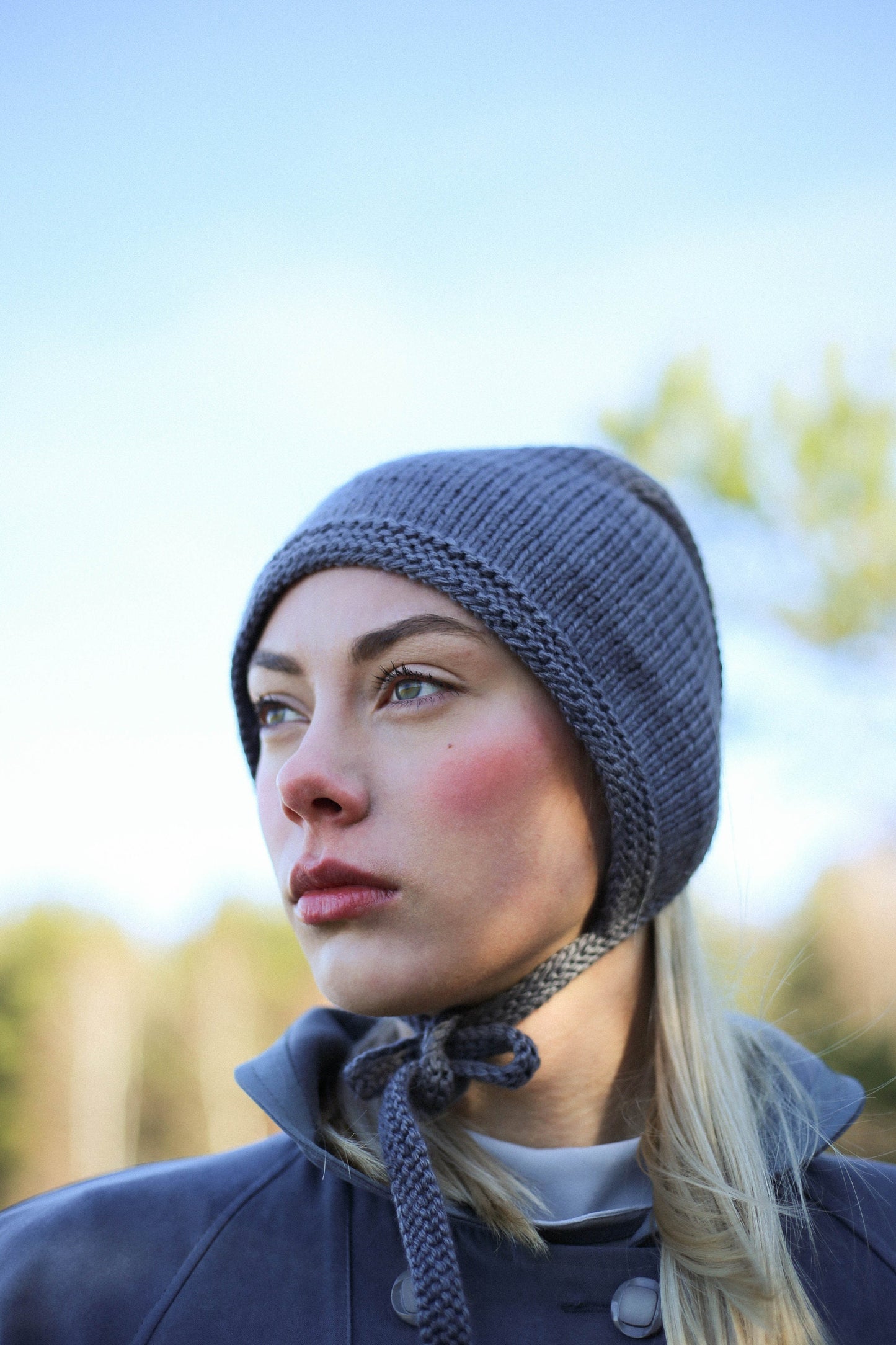 Hand-knitted Adult Bow Tie Bonnet hat in Gray