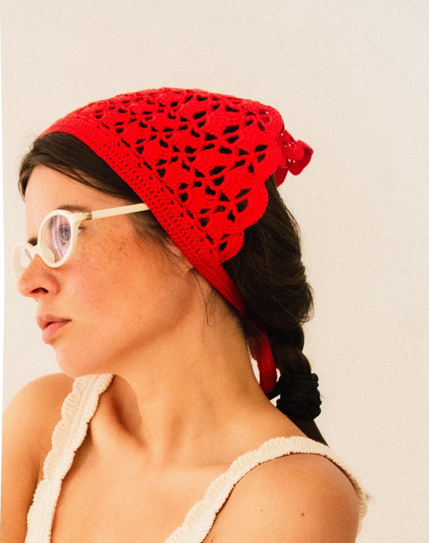 Crochet Premium Cotton Shell & Lace Stitch Headscarf in Red