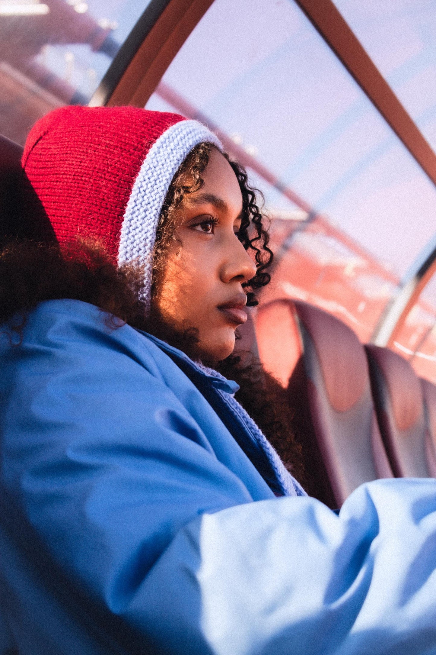 Hand-knitted Adult Bow Tie Chunky Bonnet hat in Burgundy and Light Blue