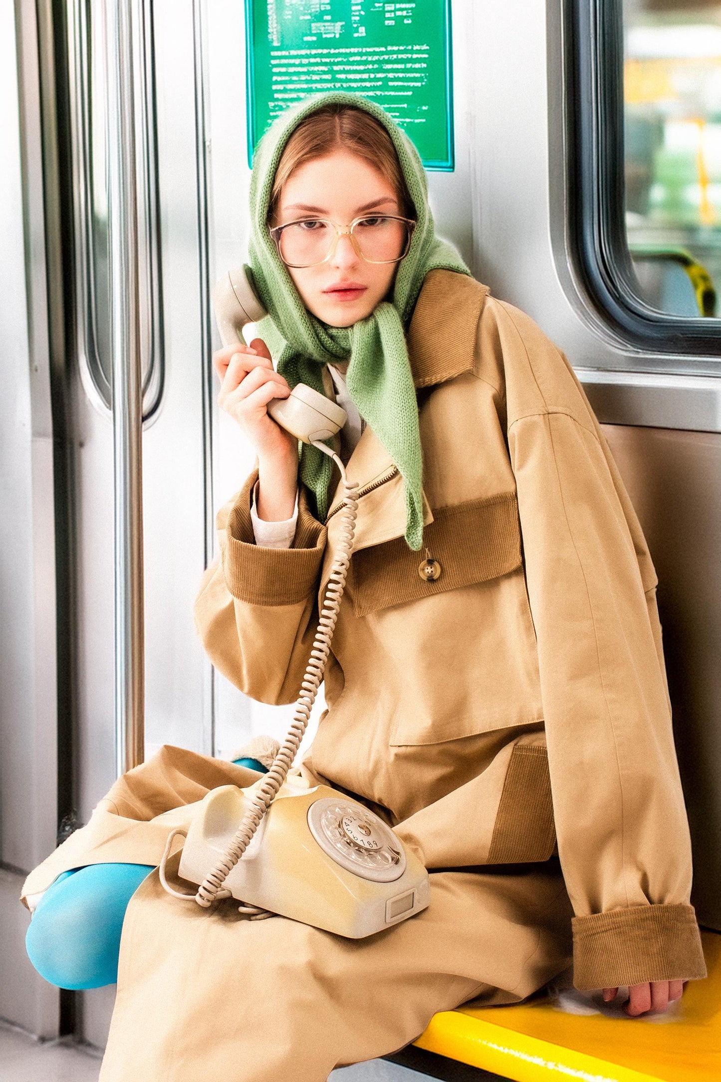 Hand - knitted Mohair Headscarf in Khaki Green