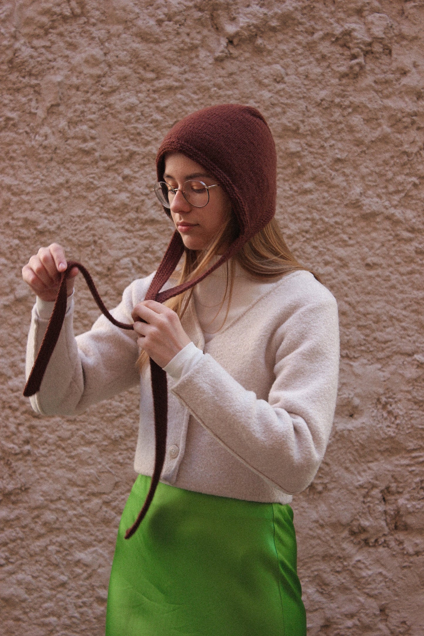 Hand-knitted Adult Bow Tie Bonnet hat with long ties in brown