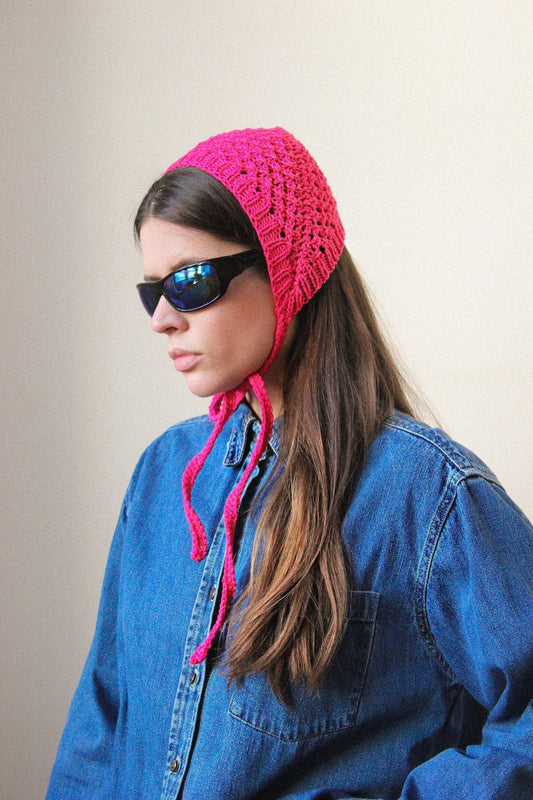 Hand - knitted Mesh Bonnet Headband in Pink