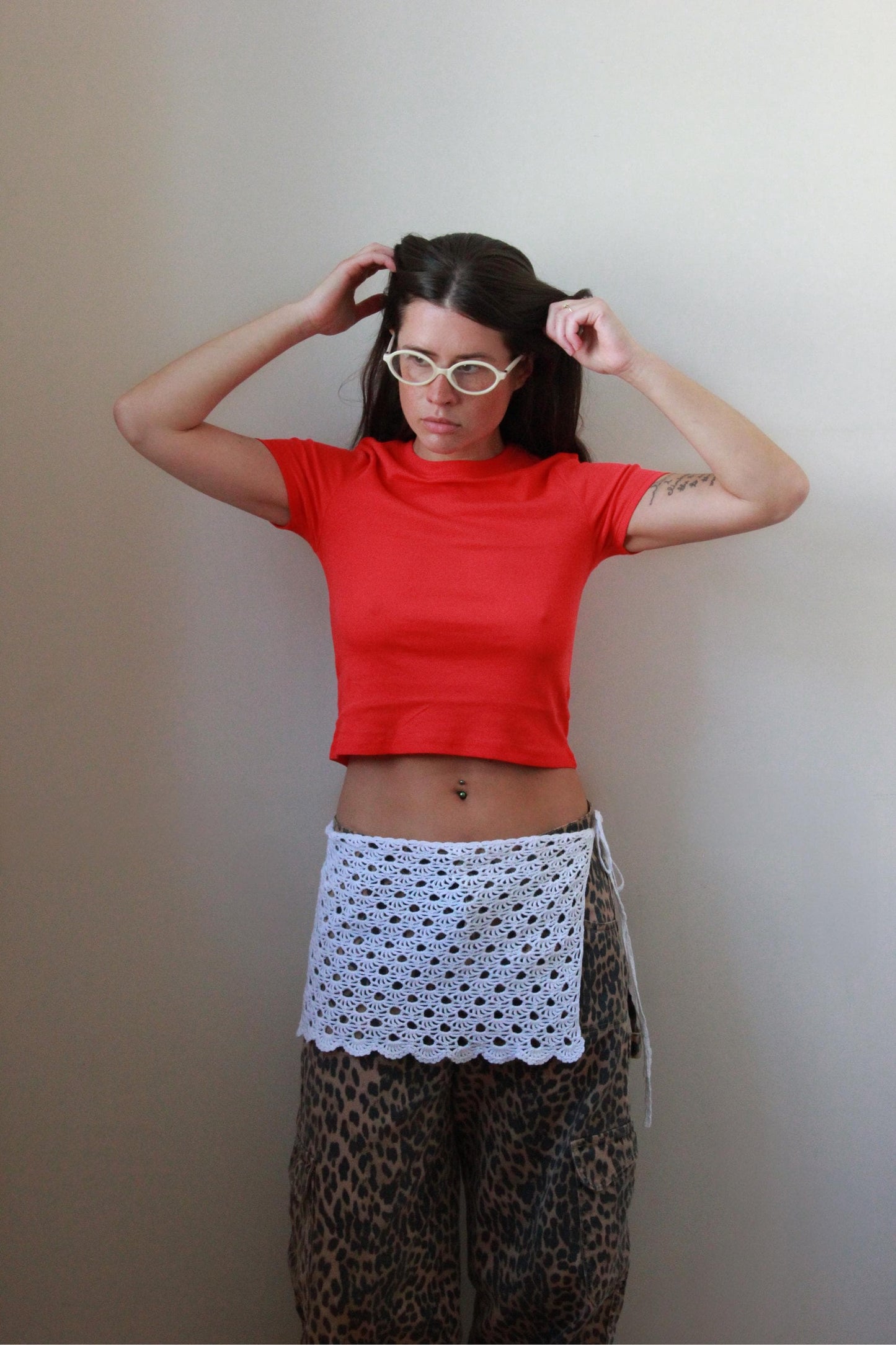 Hand - Knitted Crochet Hip Scarf in White, the knit hip wrap,knitted apron