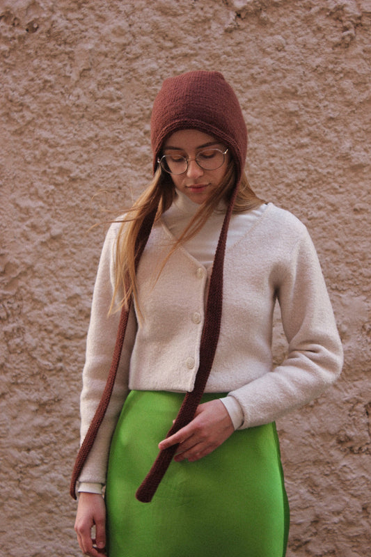 Hand-knitted Adult Bow Tie Bonnet hat with long ties in brown