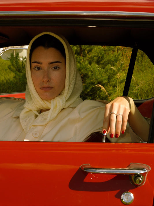 Hand - knitted Mohair Headscarf in Buttermilk Yellow