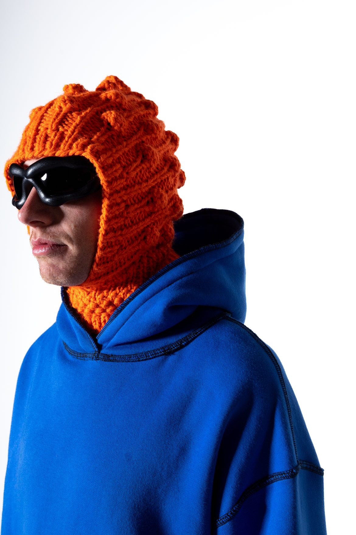 Balaclava Mandarin Brains with dimensional tuck knitting technique