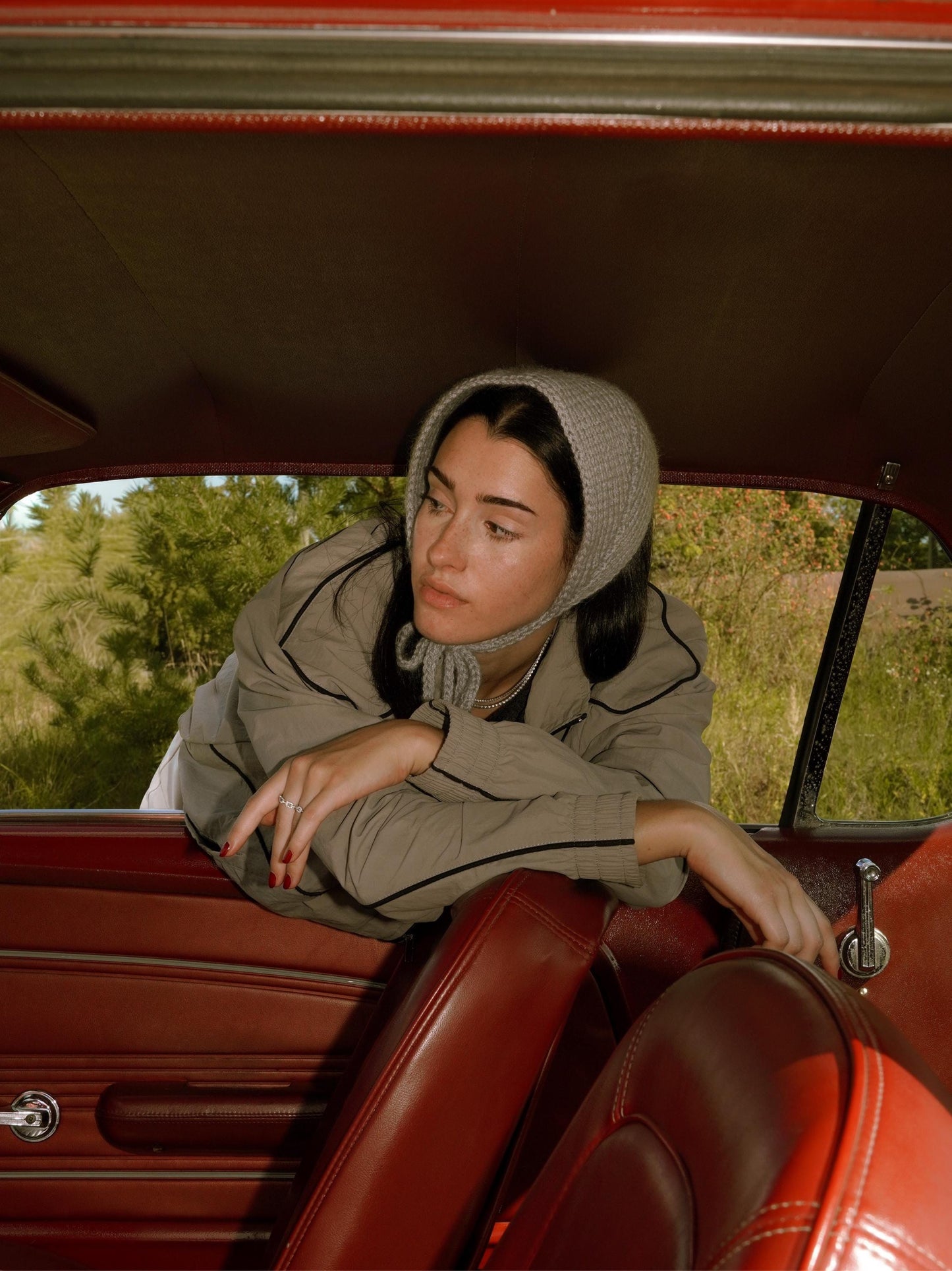 Hand - knitted Mohair Adult Bow Tie Bonnet in Gray