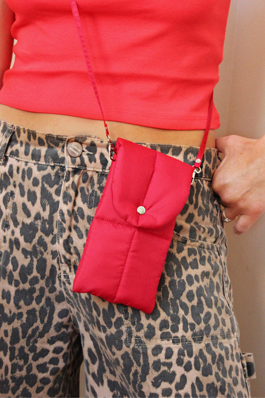 Pillow Puffer Phone pouch in Red, Puffy Crossbody Phone Bag,Waterproof Padded Case with Strap,Hands-Free Pouch,Travel Gift for Her
