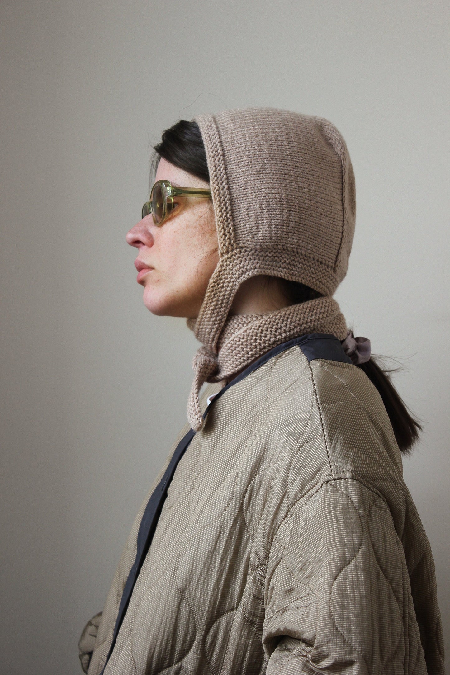 Hand-knitted Adult Bow Long Tie Bonnet hat in beige