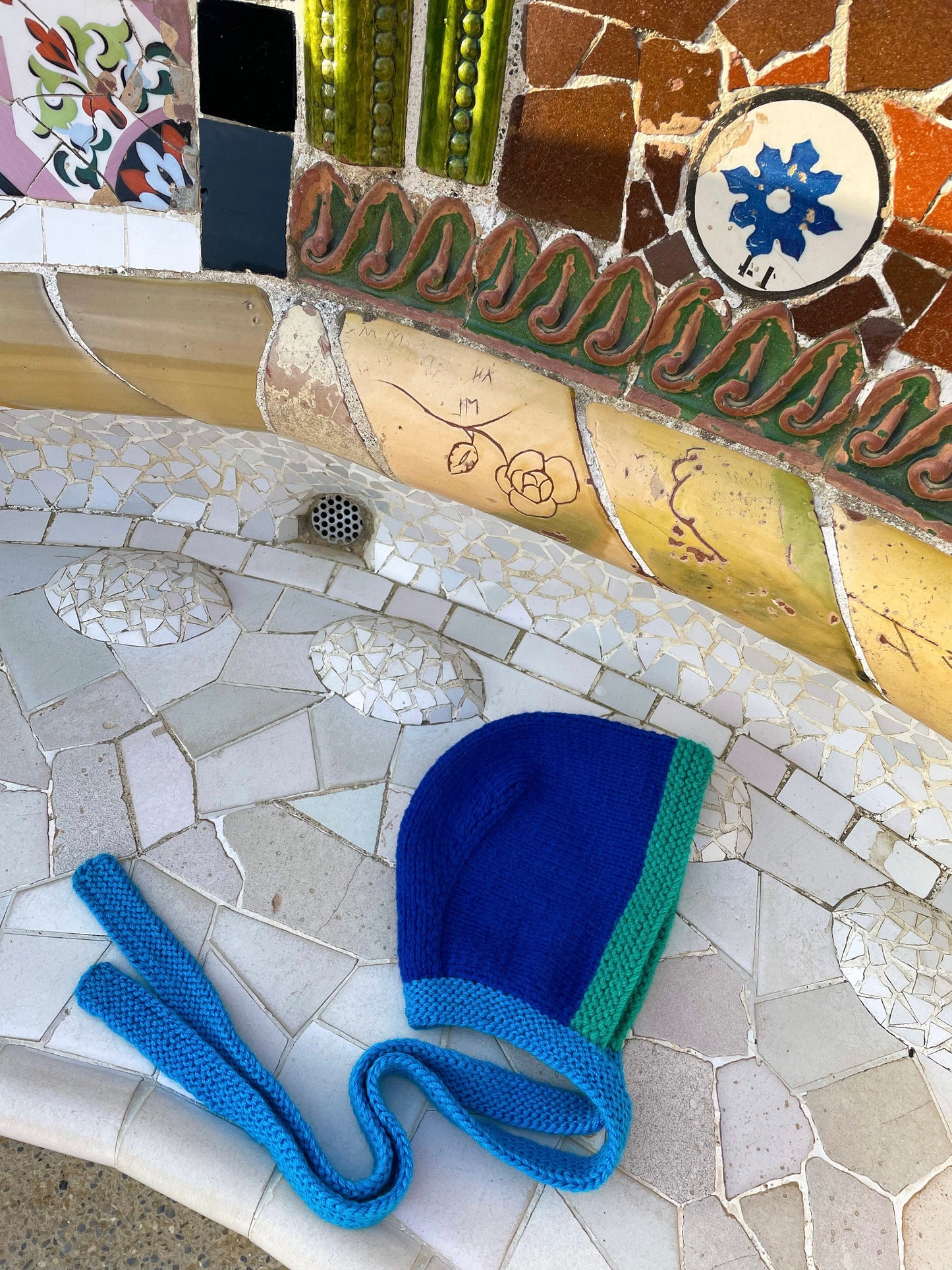 Hand - Knitted Multi Blue Chunky Bow Tie Bonnet Hat