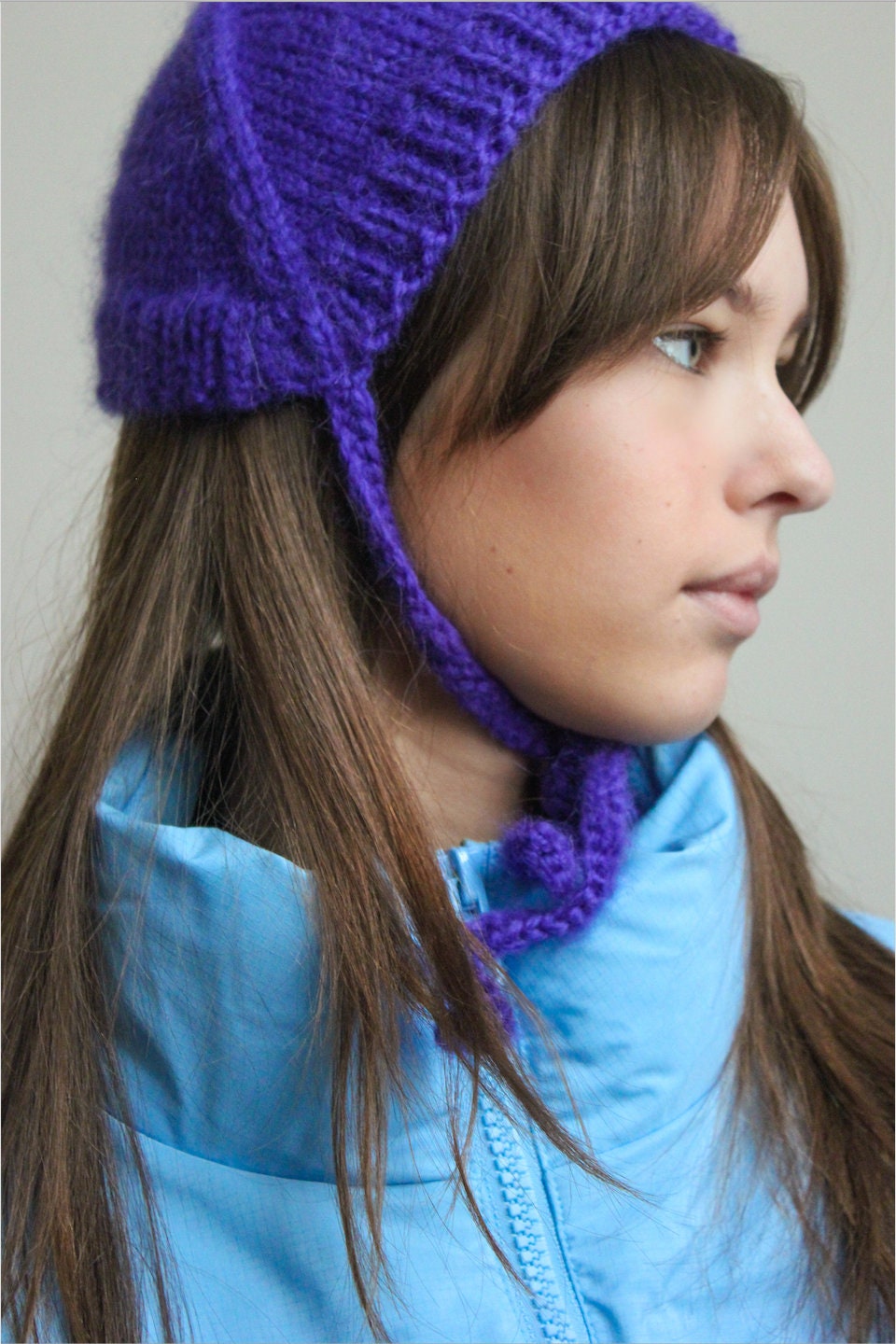Hand - knitted Adult Bow Tie Mohair Bonnet in Purple