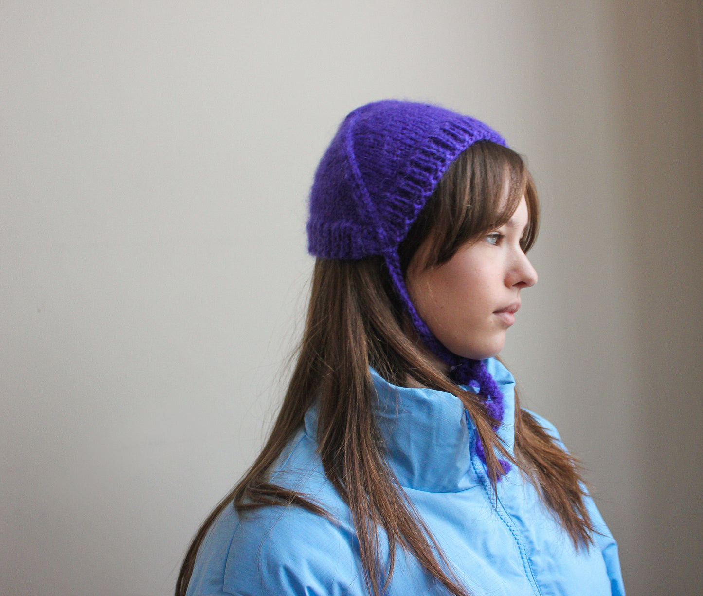 Hand - knitted Adult Bow Tie Mohair Bonnet in Purple