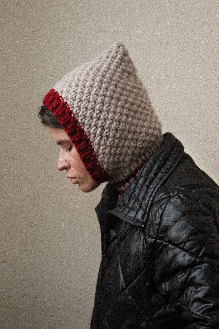 Chunky Woolen Balaclava in Beige & Burgundy