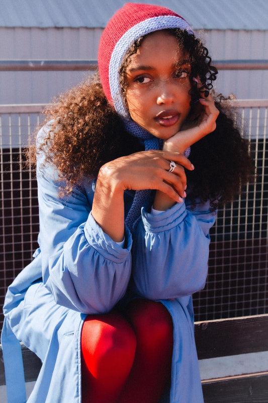 Hand-knitted Adult Bow Tie Chunky Bonnet hat in Burgundy and Light Blue