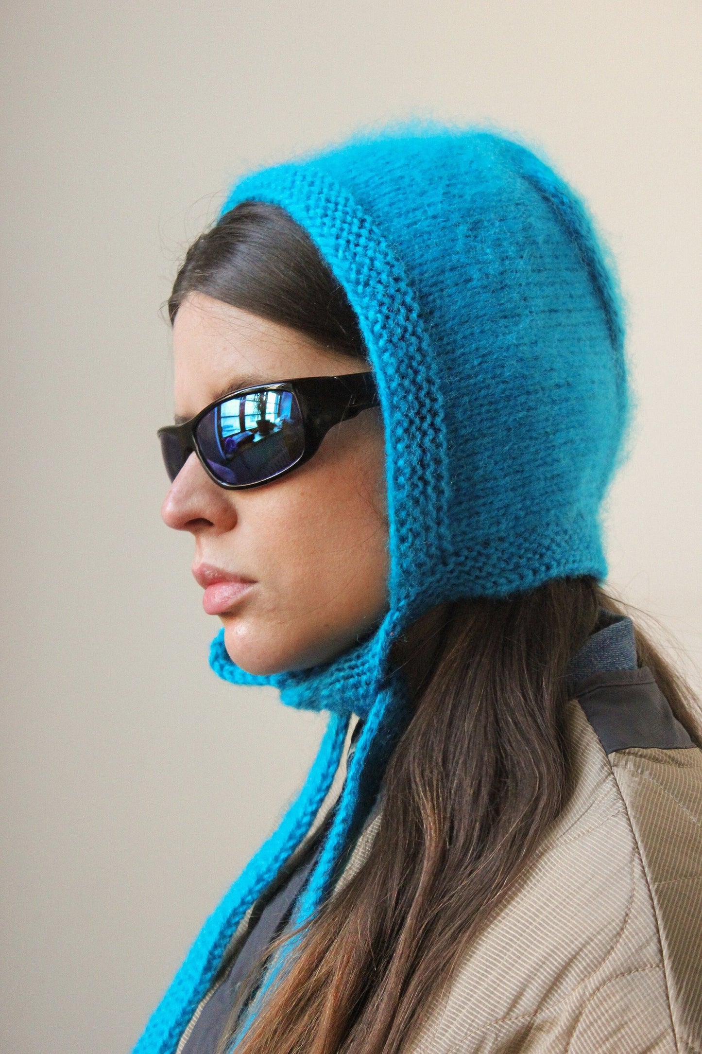 Hand - knitted Adult Bow Tie Mohair Bonnet in Azure Blue