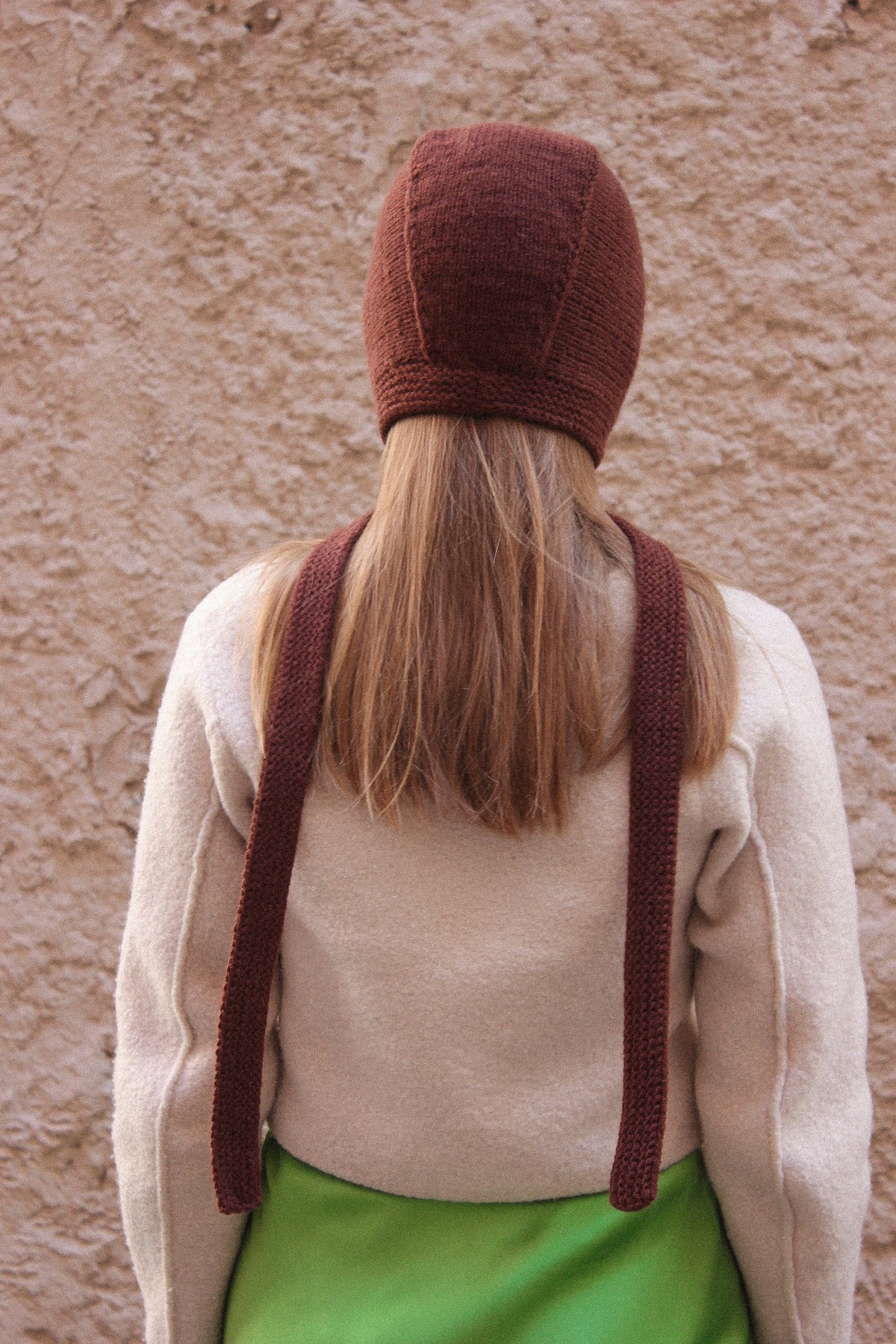 Hand-knitted Adult Bow Tie Bonnet hat with long ties in brown
