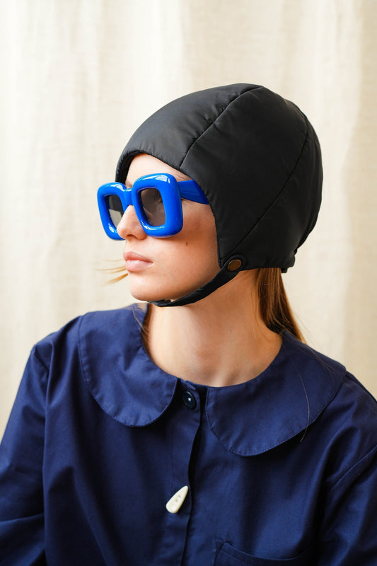 Pillow Puffer Quilted Aviator Helmet Cap Bonnet on a button in Black