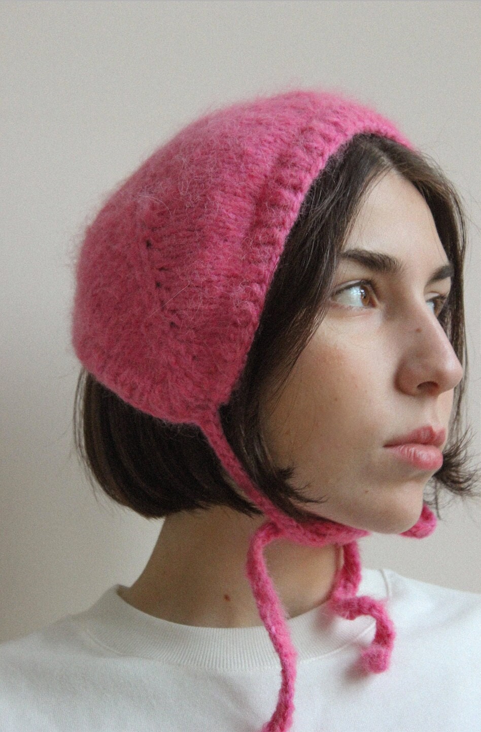 Hand - knitted Adult Bow Tie Mohair Bonnet in Pink