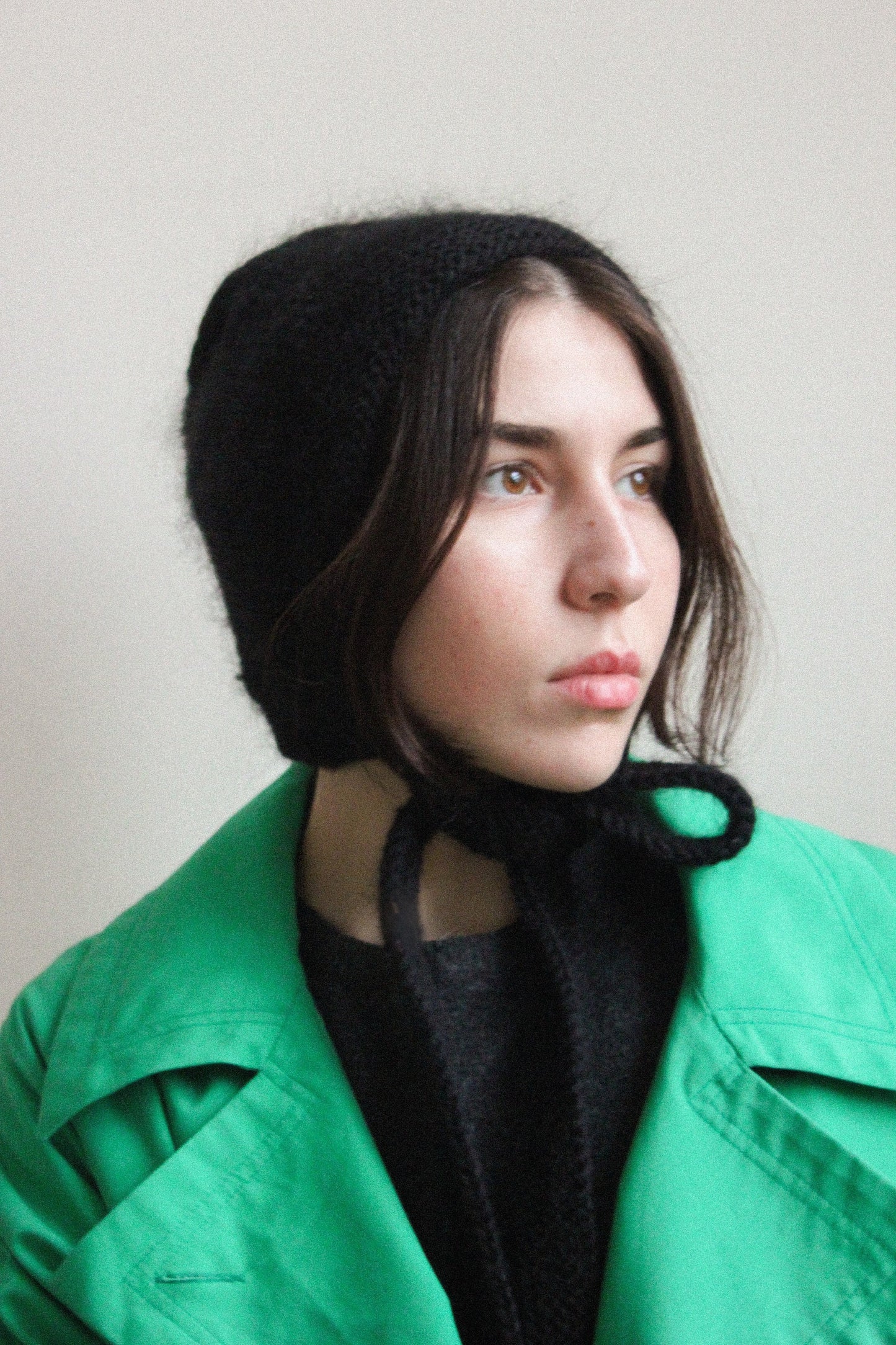 Hand - knitted Adult Bow Tie Mohair Bonnet in black