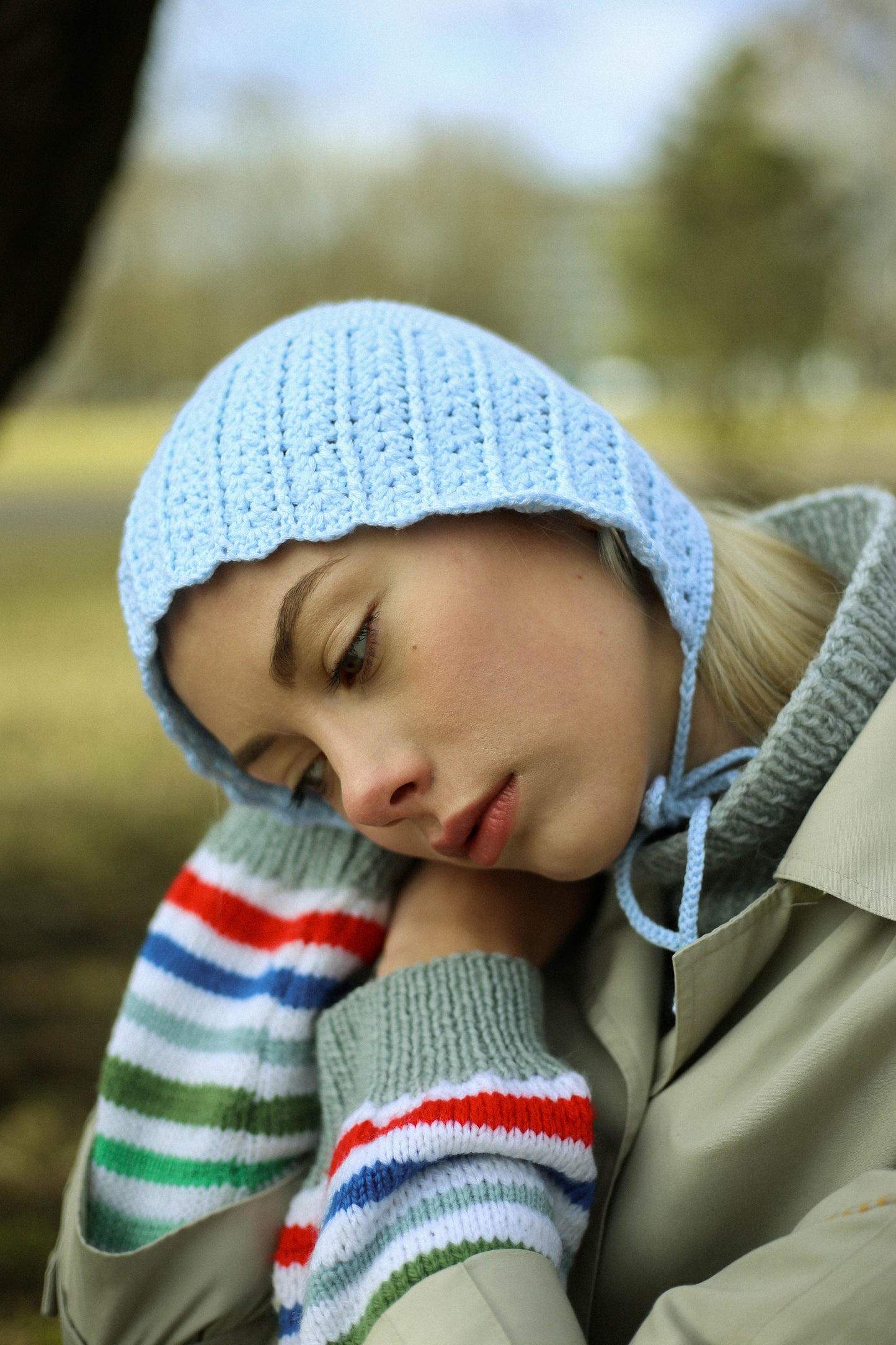 Adult Crochet Bow Tie cotton Bonnet in Light Blue