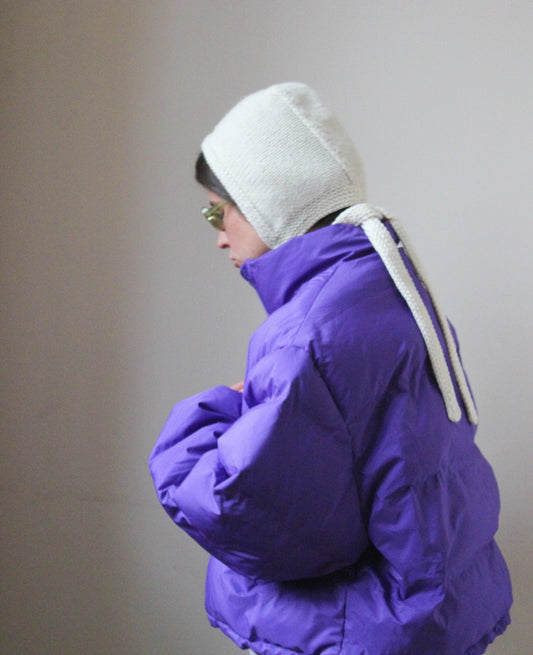 Hand-knitted Adult Bow Long Tie Bonnet hat in white