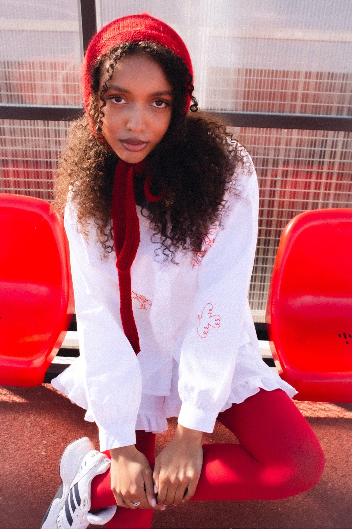 Hand - knitted Adult Bow Tie Mohair Bonnet in Red