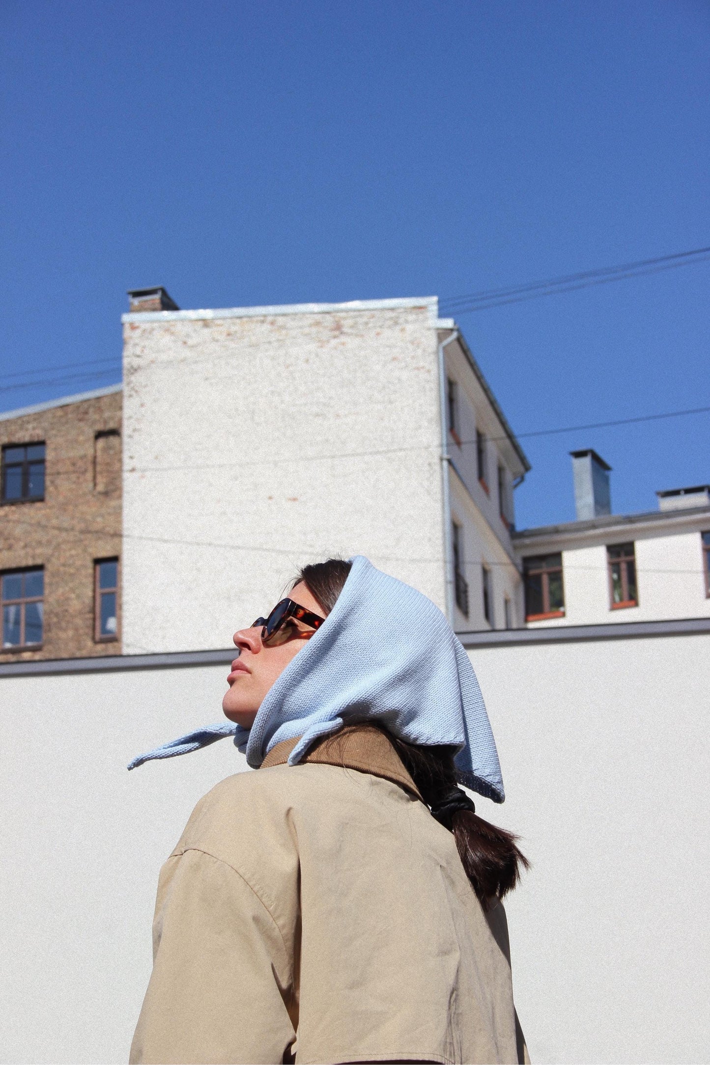 Hand - knitted Spring Headscarf in Baby Blue