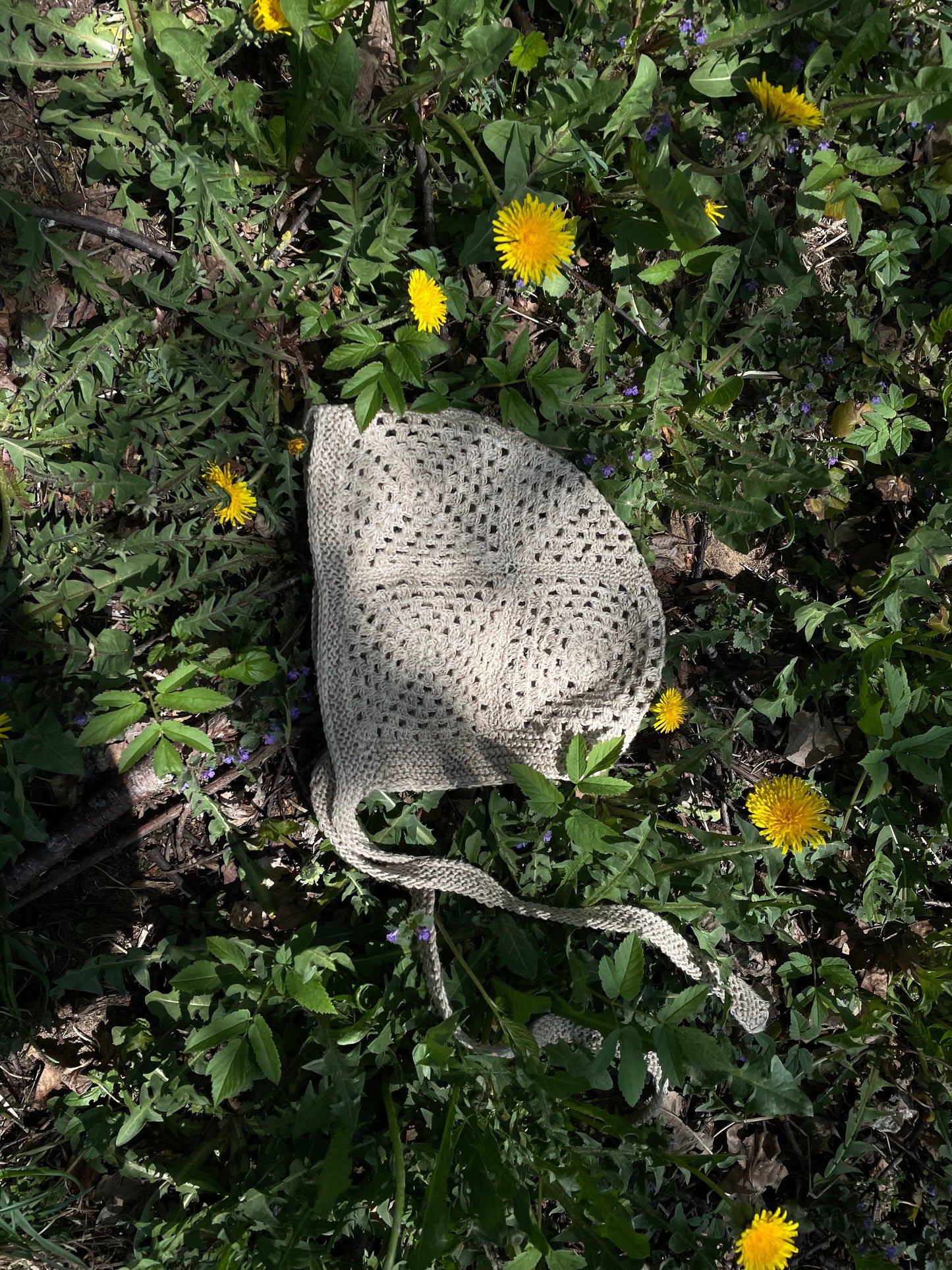 Patchwork Granny Square Adult Crochet Bow Tie Bonnet in Beige